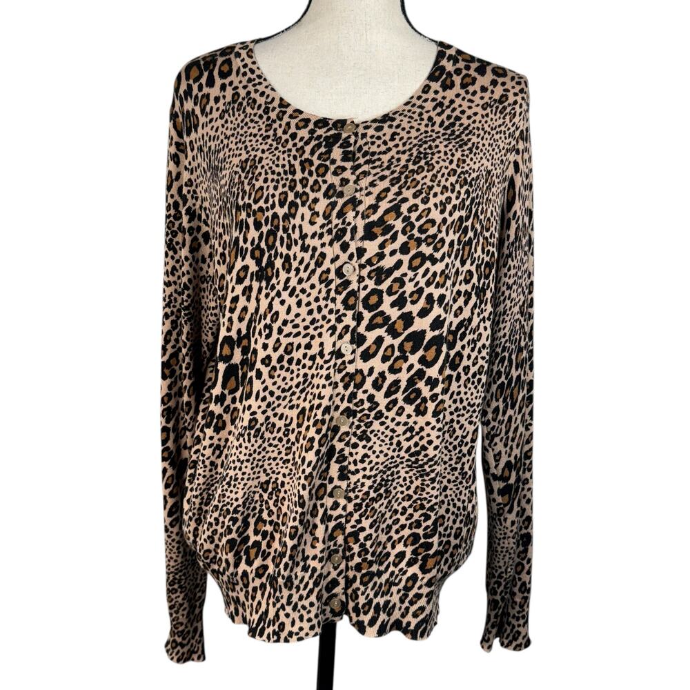 Time & Tru X-Large (16-18) Cardigan Button-Up Lightweight Leopard Round Neck